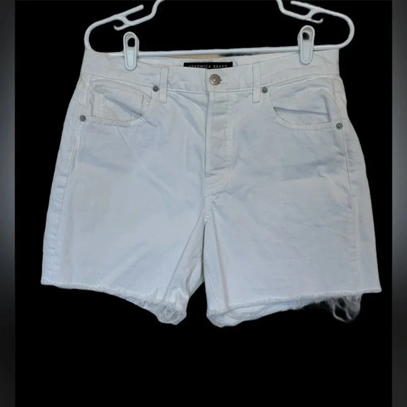 Veronica Beard Shiloh Mid-Length Denim Short Size 28 White Frayed Button Fly - Picture 1 of 7